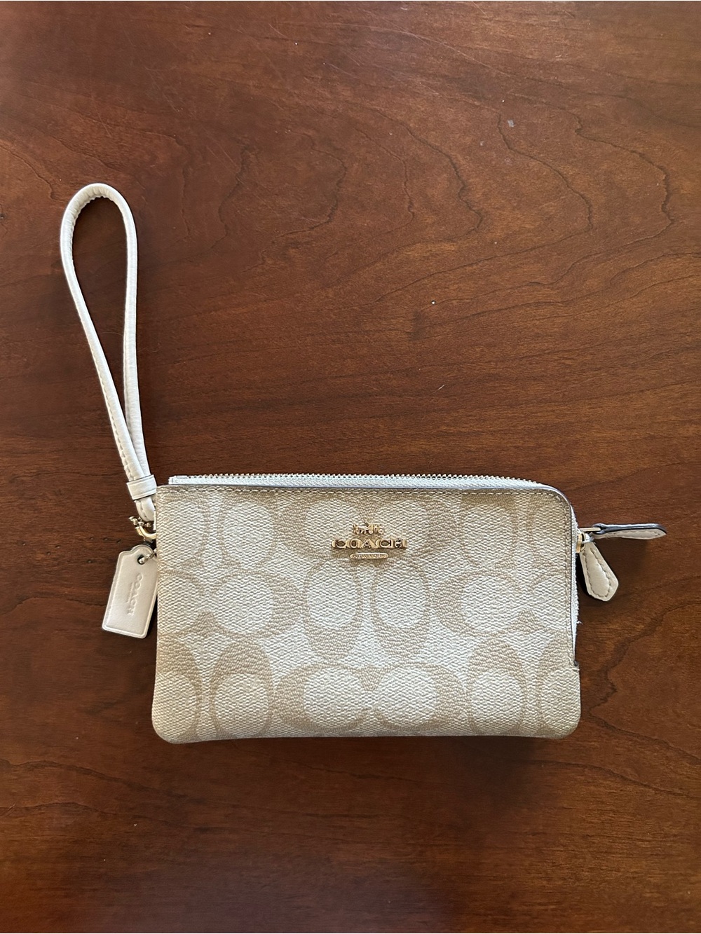Coach Beige Signature Canvas Wristlet with Gold Hardware